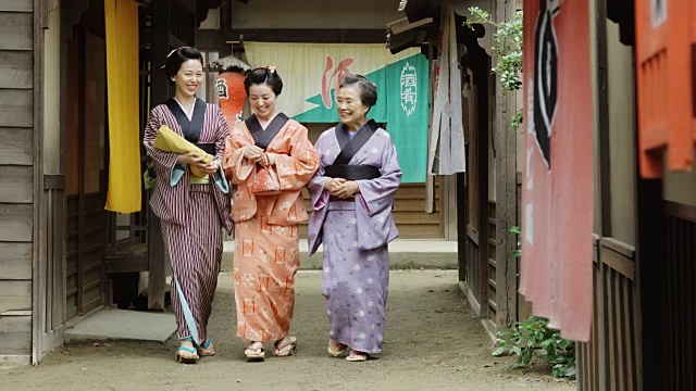 走过历史悠久的江户村的妇女视频素材