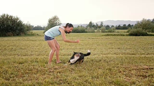 一个女人和她的边境牧羊犬在草地上玩耍视频素材