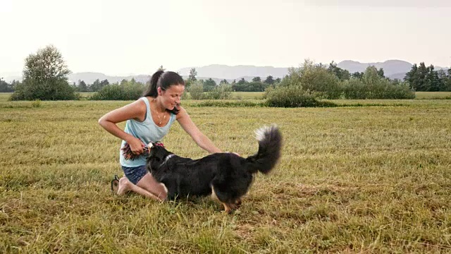 女主人和她的狗在草地上玩拉绳视频素材