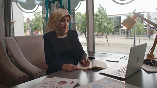穆斯林女商人在咖啡馆工作视频素材