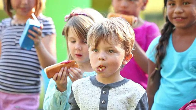 一个小男孩和一群孩子在吃热狗视频下载