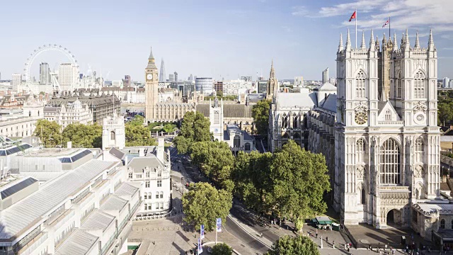 英国伦敦的威斯敏斯特教堂、国会大厦和伦敦眼。视频素材