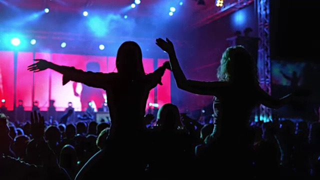 SLO MO观众在晚间音乐会上跳舞视频素材