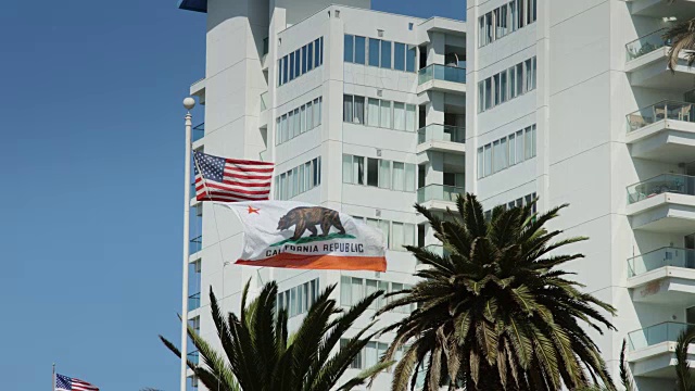 美国和加州国旗飘扬在海滨公寓视频下载