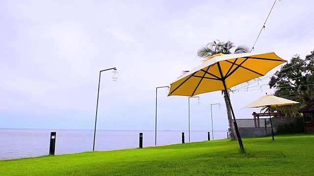 黄色的沙滩伞在海边的草地上视频素材