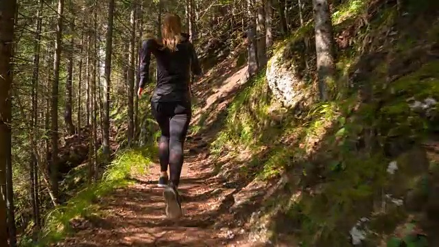 年轻的女运动员在树林里奔跑视频素材