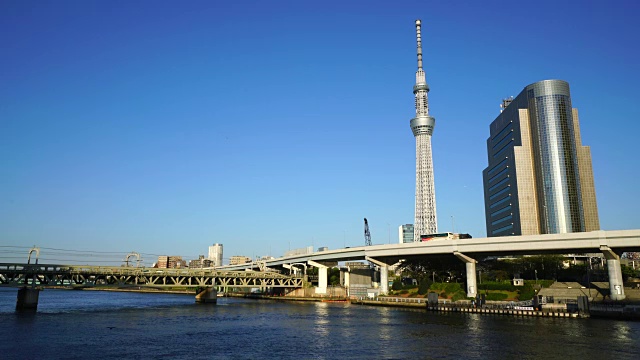从浅草到太东，镜头拍摄了东京天空树和东京高速公路背后的城市景观。鸟从河上飞过。视频素材