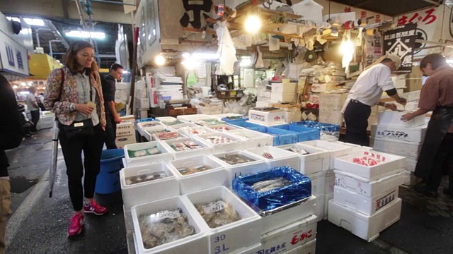 游客在东京筑地市场观看出售的鱼视频素材
