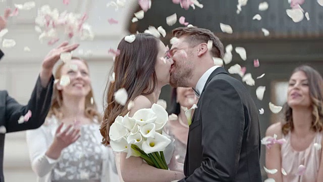 亲吻新婚夫妇的玫瑰花瓣视频素材