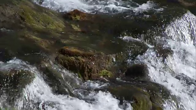 近距离平移拍摄的河流流过苔藓岩石视频素材
