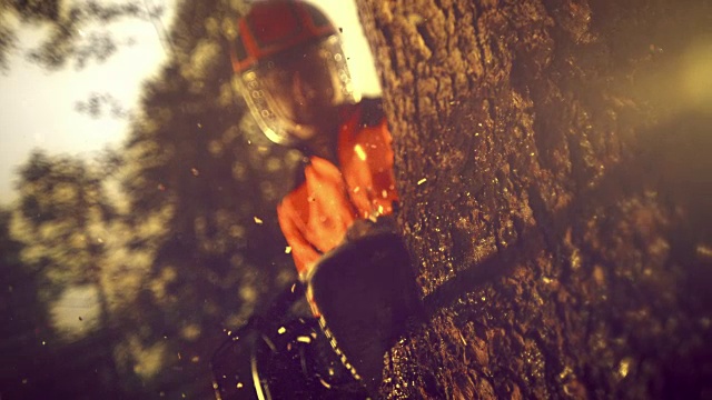 SLO MO LD链锯在阳光下切割一棵树视频素材