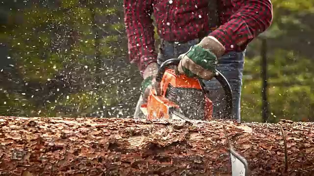 SLO MO伐木工用链锯撞树视频素材