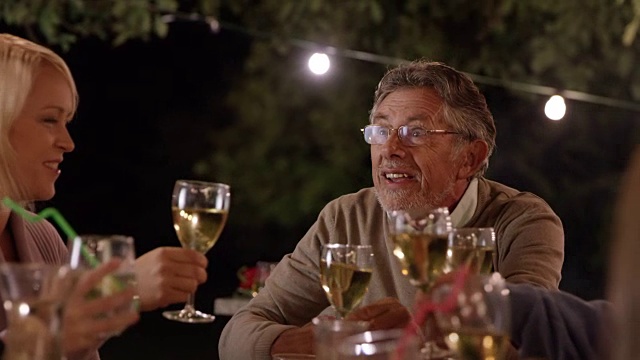一个老人在晚上的野餐上提议祝酒视频素材