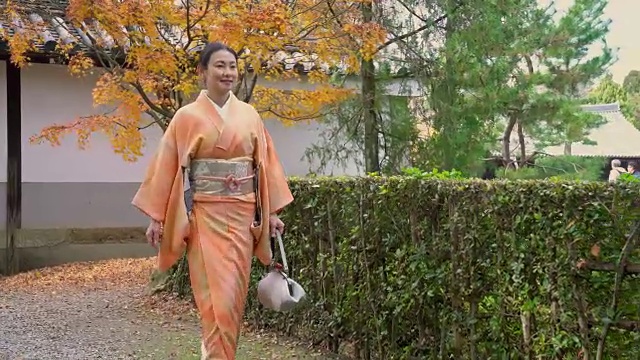 穿着和服的高级妇女走过秋天的花园视频素材
