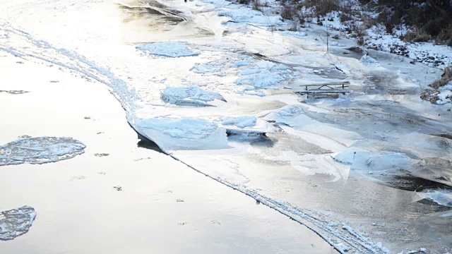 纽约卡茨基尔山德拉瓦河冬冰流水视频下载