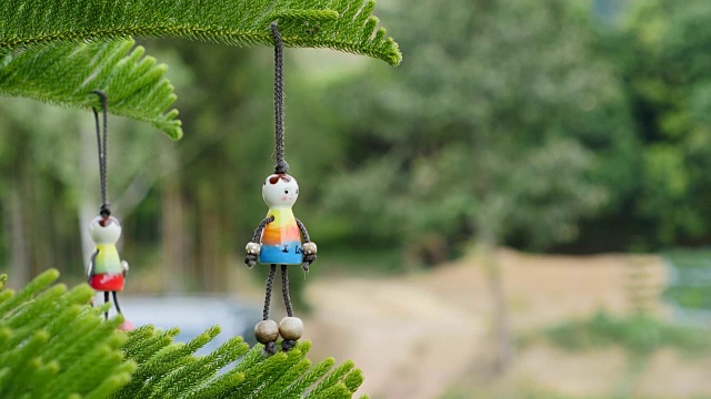 挂在松树上的木娃娃。视频下载