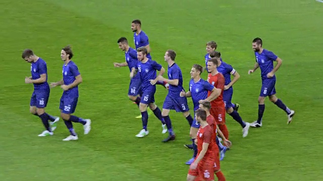 足球比赛中庆祝进球的球队视频素材