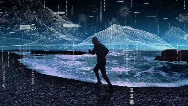 虚拟现实训练。沿着岩石海岸奔跑的人视频下载
