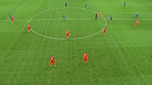 AERIAL Blue team scoring at a football game视频素材