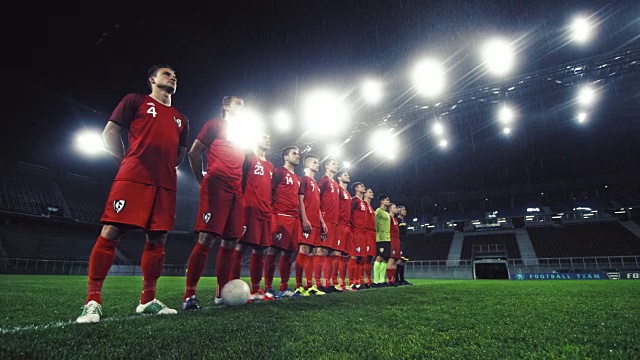DS足球队穿着红色制服站在体育场的场地上视频素材