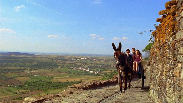 广角拍摄的高级男子驾驶驴车旅游夫妇在道路/乡村的背景/蒙萨拉兹，葡萄牙视频素材