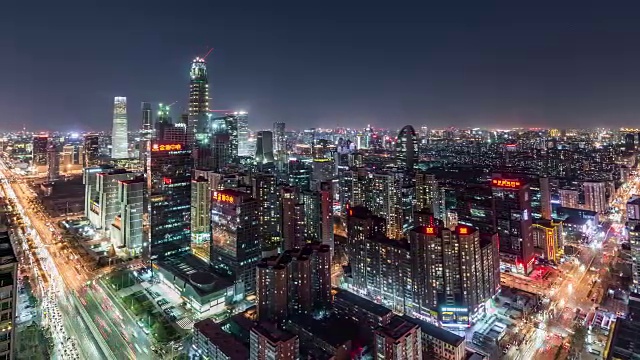 T/L WS HA RL PAN北京CBD地区在晚上/北京，中国视频素材