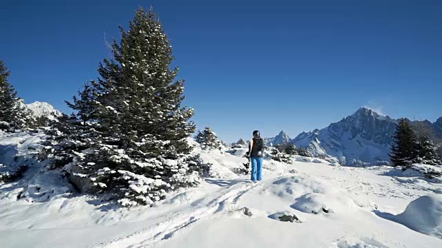女滑雪板徒步穿越雪地视频素材
