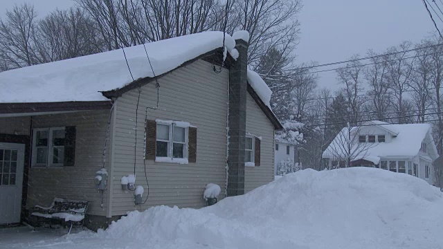 极端的暴风雪，大雪，屋顶上积着厚厚的雪视频素材