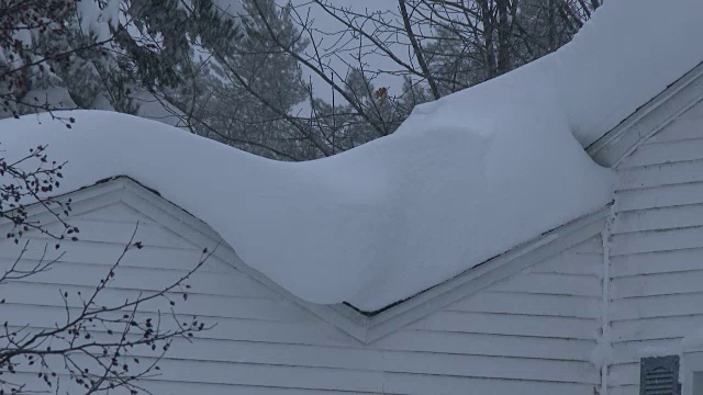 极端的暴风雪，大雪，屋顶上积着厚厚的雪视频素材