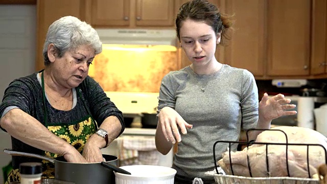 一个十几岁的女孩，一个孙女，还有她的祖母，一个满头银发的老妇人，正在为节日晚餐填火鸡视频素材