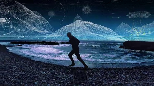 虚拟现实训练。在岩石海岸上奔跑的人，在数字山脉上奔跑的人视频下载
