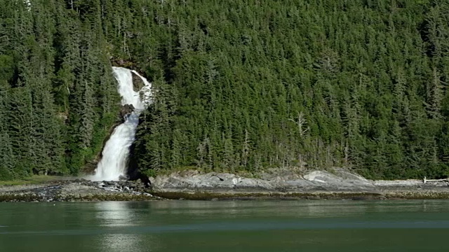 瀑布穿过茂密的森林流入大海的全景视频素材