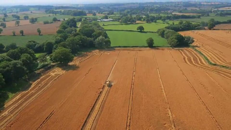 联合收割机和英国乡村的高空无人机镜头视频下载