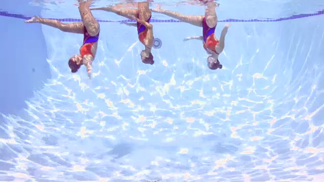 MS三名女子花样游泳运动员在水下进行例行水下观察视频素材