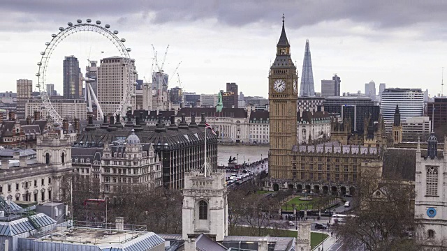 英国议会大厦和伦敦眼上空阴郁的天空。视频素材