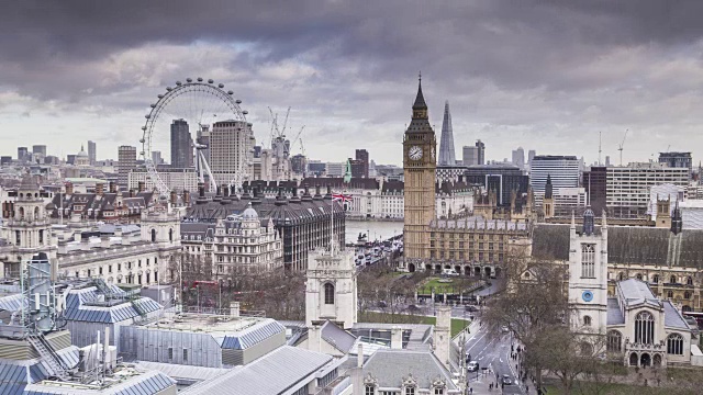 英国议会大厦和伦敦眼上空的灰暗天空。视频素材