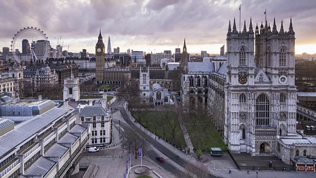 英国伦敦，威斯敏斯特大教堂、国会大厦和伦敦眼。视频素材