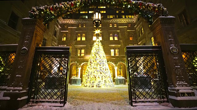 曼哈顿中城晚上纽约皇宫酒店的圣诞树。白雪环绕着圣诞树和庭院。视频下载