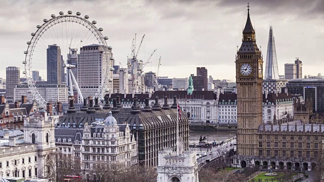 英国议会大厦和伦敦眼上空的灰暗天空。视频素材