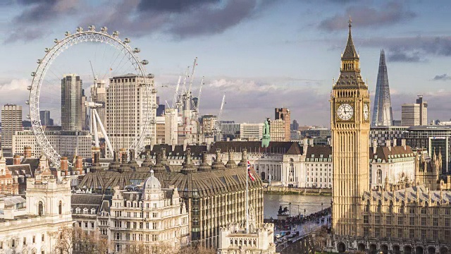 英国议会大厦和伦敦眼上空的云景。视频素材
