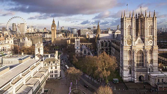 英国伦敦的威斯敏斯特教堂、国会大厦和伦敦眼。视频素材