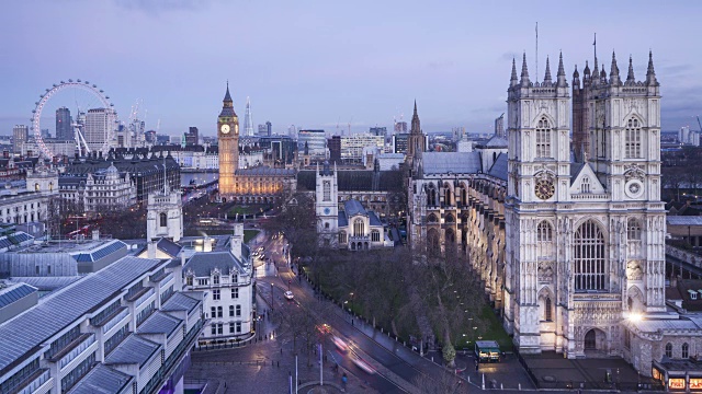 英国伦敦的威斯敏斯特教堂、国会大厦和伦敦眼。视频下载