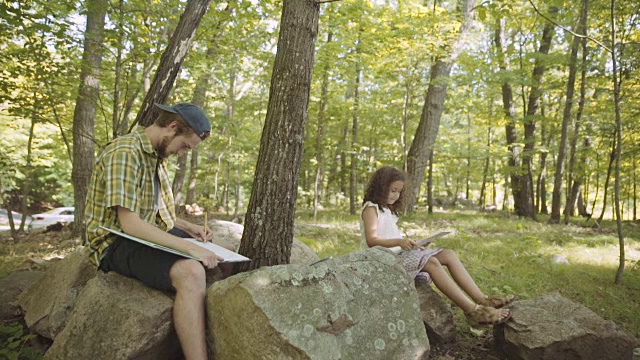 混血女孩向坐在森林岩石上的兄弟展示素描视频素材