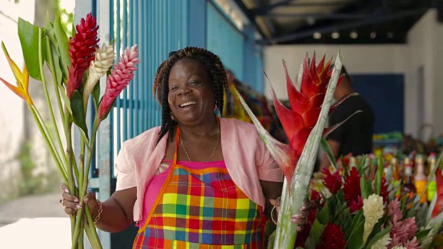在马提尼克岛，一名非洲裔加勒比市场妇女在她的市场摊位前的肖像视频下载