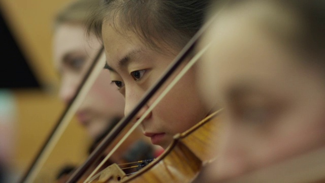 近距离观察在管弦乐队演奏小提琴的少女/美国的叉，犹他州，美国视频素材