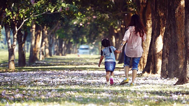 高清超慢镜头:《幸福家庭》，女儿和妈妈手扶着走在秋天公园的路上。视频素材
