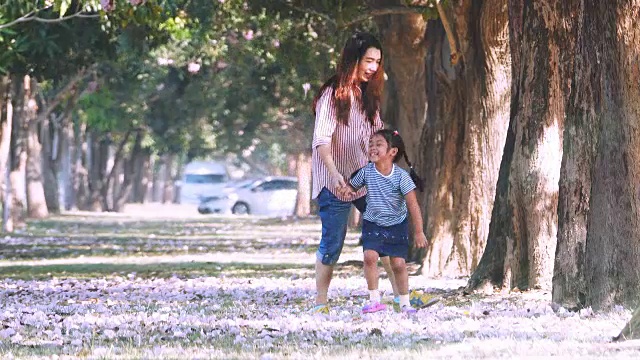 幸福家庭，女儿和妈妈走在秋天公园的路上。视频素材