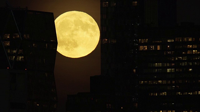 一轮满月从纽约摩天大楼后升起，人们可以看到里面的人视频购买