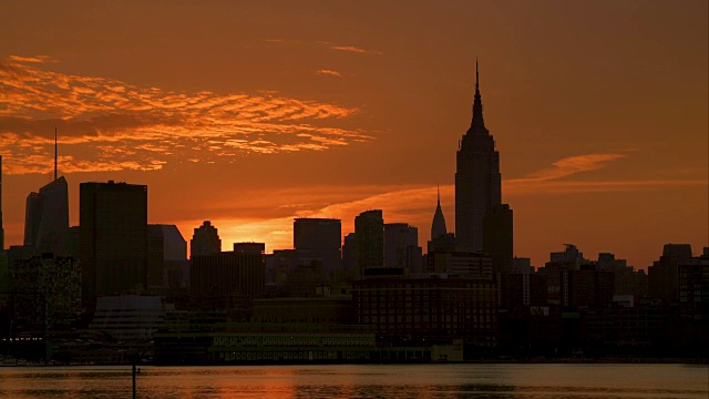 夕阳西下，帝国大厦在纽约城天际线之间视频素材