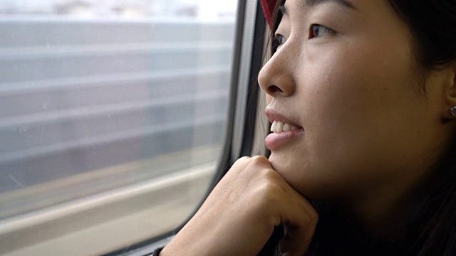 一个年轻女子在火车上，看着窗外视频下载